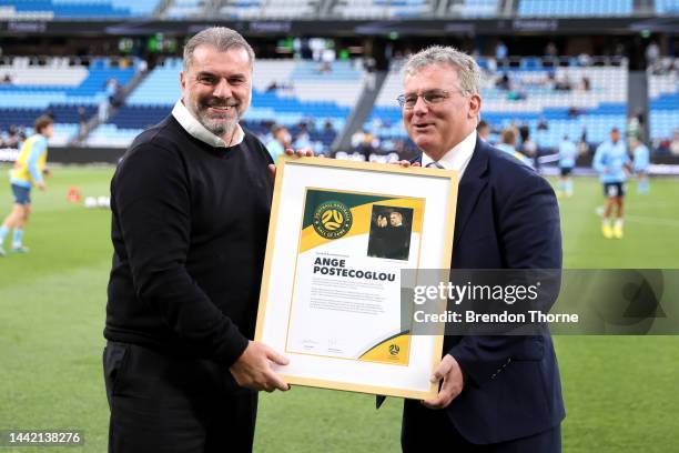Celtic FC and former Socceroos manager, Ange Postecoglou accepts his induction into Football Australia's Hall of Fame from Football Australia...