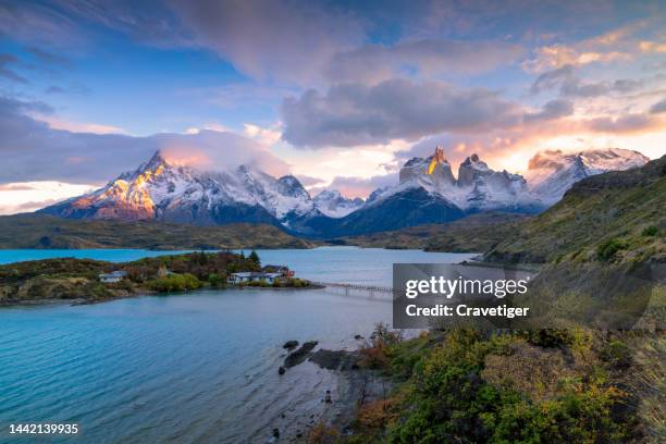 lake pehoe, torres del paine, patagonia, chile - foothills - fotografias e filmes do acervo