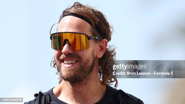 Sebastian Vettel of Germany and Aston Martin F1 Team walks in the Paddock during previews ahead of the F1 Grand Prix of Abu Dhabi at Yas Marina...