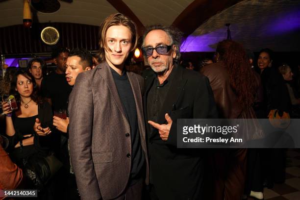 Percy Hynes White and Tim Burton attend the world premiere of Netflix's "Wednesday" on November 16, 2022 in Los Angeles, California.
