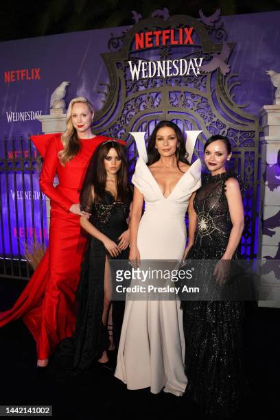 Gwendoline Christie, Jenna Ortega, Catherine Zeta-Jones, and Christina Ricci attend the world premiere of Netflix's "Wednesday" on November 16, 2022...