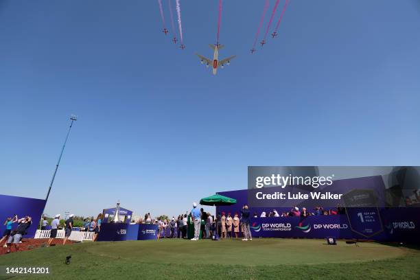 Emirates A380 and the Red Arrows fly over the Earth Course at Jumeirah Golf Estates during Day One of the DP World Tour Championship on the Earth...