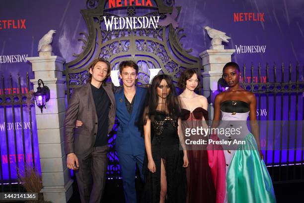 Percy Hynes White, Hunter Doohan, Jenna Ortega, Emma Myers and Joy Sunday attend the world premiere of Netflix's "Wednesday" on November 16, 2022 in...