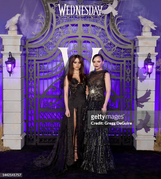 Jenna Ortega and Christina Ricci attend the World Premiere Of Netflix's "Wednesday" at Hollywood Legion Theater on November 16, 2022 in Los Angeles,...