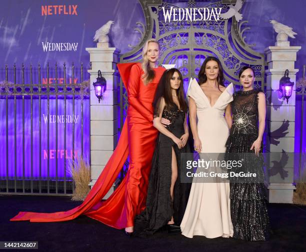 Gwendoline Christie, Jenna Ortega, Catherine Zeta-Jones and Christina Ricci attend the World Premiere Of Netflix's "Wednesday" at Hollywood Legion...