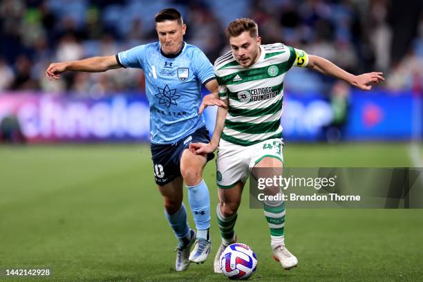 Joseph Lolley of Sydney competes with James Forrest of Celtic during the Sydney Super Cup match between Celtic and Sydney FC at Allianz Stadium on...