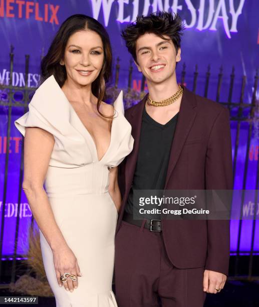 Catherine Zeta-Jones and Dylan Michael Douglas attend the World Premiere Of Netflix's "Wednesday" at Hollywood Legion Theater on November 16, 2022 in...