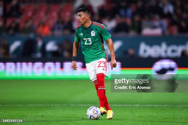 Jesus Gallardo of Mexico runs with the ball during the friendly match between Mexico and Sweden at Montilivi Stadium on November 16, 2022 in Girona,...