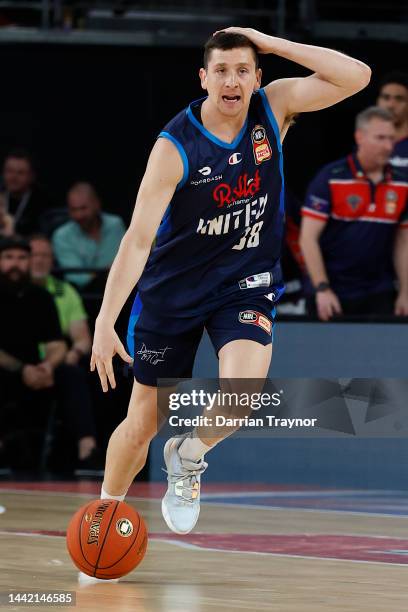 Lachlan Barker of Melbourne United brings the ball down court during the round 7 NBL match between Melbourne United and Adelaide 36ers at John Cain...