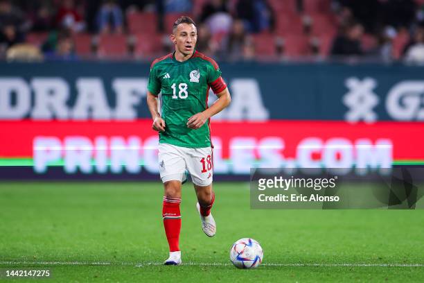 Andres Guardado of Mexico runs with the ball during the friendly match between Mexico and Sweden at Montilivi Stadium on November 16, 2022 in Girona,...