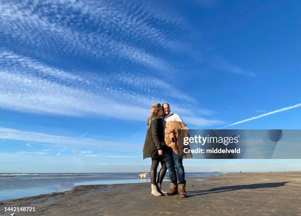 november strandspaziergang - romantic couple walking winter beach stock-fotos und bilder