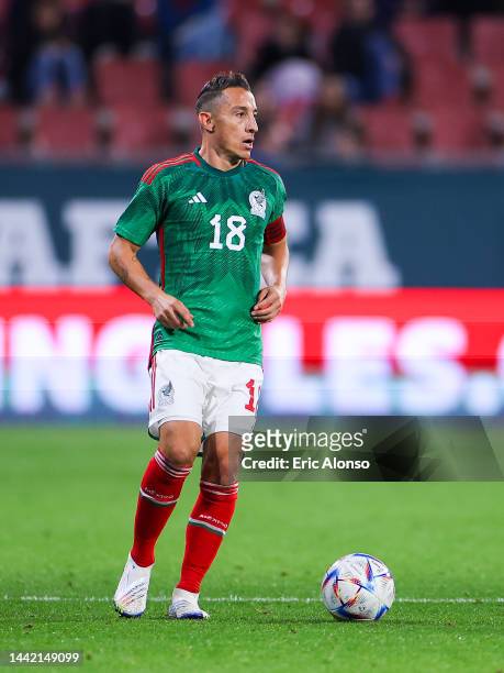 Andres Guardado of Mexico runs with the ball during the friendly match between Mexico and Sweden at Montilivi Stadium on November 16, 2022 in Girona,...