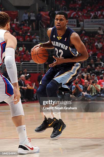 Rudy Gay of the Memphis Grizzlies handles the ball against Blake Griffin of the Los Angeles Clippers in Game Six of the Western Conference...