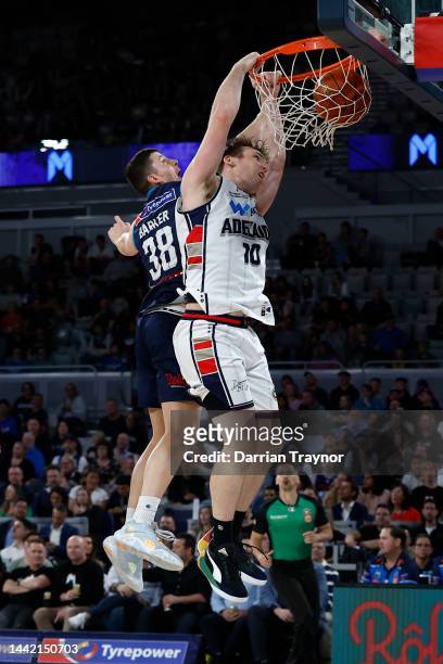 Mitch McCarron of the 36ers dunks the ball during the round 7 NBL match between Melbourne United and Adelaide 36ers at John Cain Arena, on November...