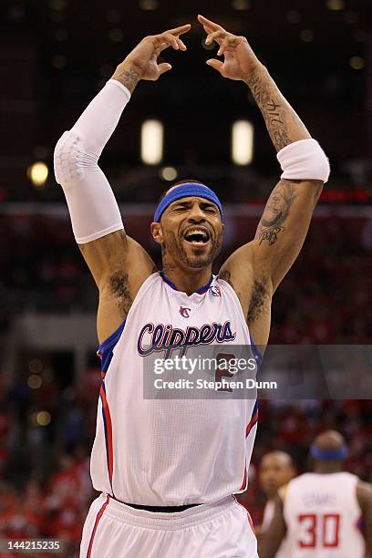 Kenyon Martin of the Los Angeles Clippers reacts after dunking the ball in the second quarter against the Memphis Grizzlies in Game Six of the...