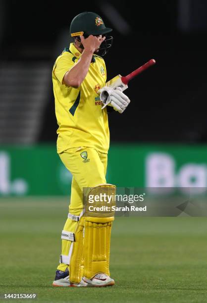 Marnus Labuschagne of Australia out for 4 runs. Caught Jos Buttler and Bowled David Willeyduring game one of the One Day International series between...