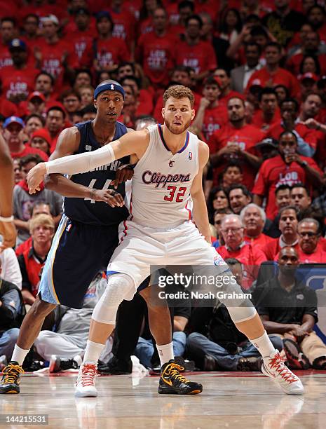 Blake Griffin of the Los Angeles Clippers gets position against Dante Cunningham of the Memphis Grizzlies in Game Six of the Western Conference...