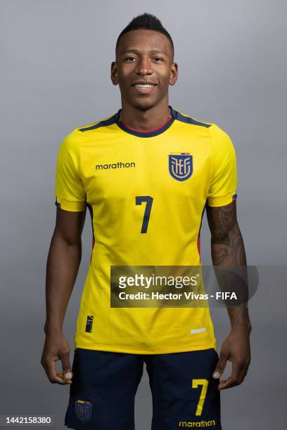 Pervis Estupinan of Ecuador poses during the official FIFA World Cup Qatar 2022 portrait session on November 16, 2022 in Doha, Qatar.