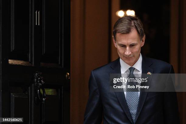 Chancellor of the Exchequer Jeremy Hunt departs Downing Street to present the Autumn Statement to the House of Commons on November 17, 2022 in...