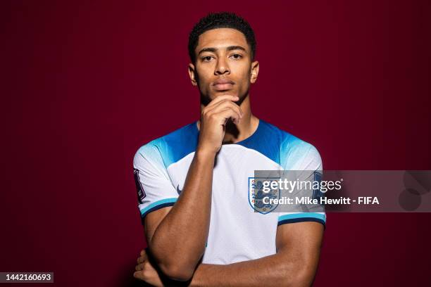 Jude Bellingham of England poses during the official FIFA World Cup Qatar 2022 portrait session on November 16, 2022 in Doha, Qatar.