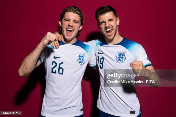 Conor Gallagher and Mason Mount of England pose during the official FIFA World Cup Qatar 2022 portrait session on November 16, 2022 in Doha, Qatar.