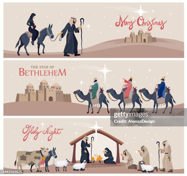 nativity scene banners. - bethlehem stock illustrations