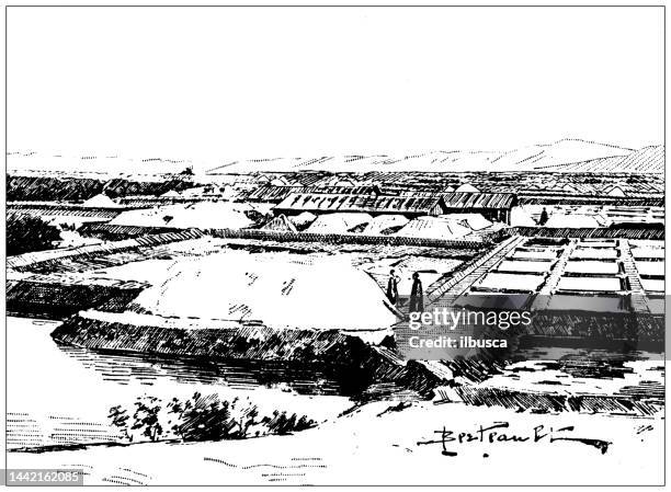 antique image: salt pan, duong, phan-ri - salt flat stock illustrations