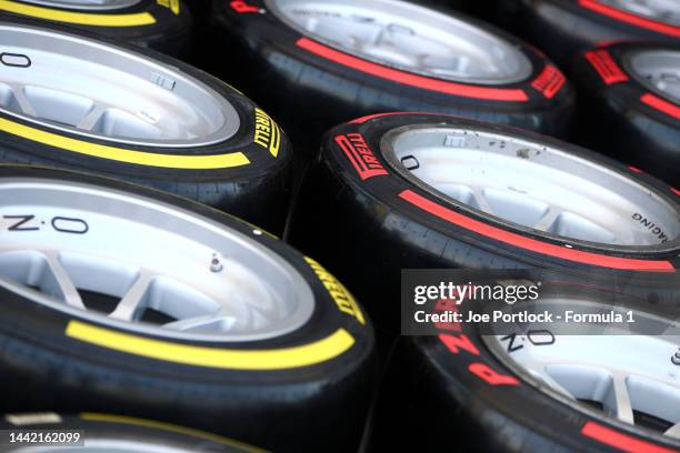 Detail view of tyres in the Paddock during previews ahead of Round 14:Yas Island of the Formula 2 Championship at Yas Marina Circuit on November 17,...