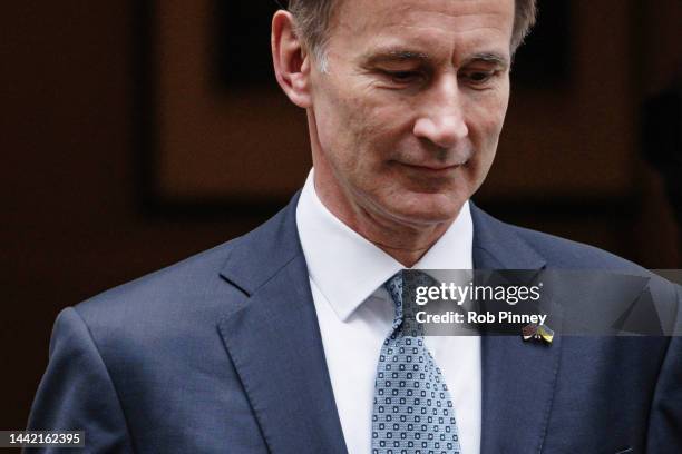 Chancellor of the Exchequer Jeremy Hunt departs Downing Street to present the Autumn Statement to the House of Commons on November 17, 2022 in...