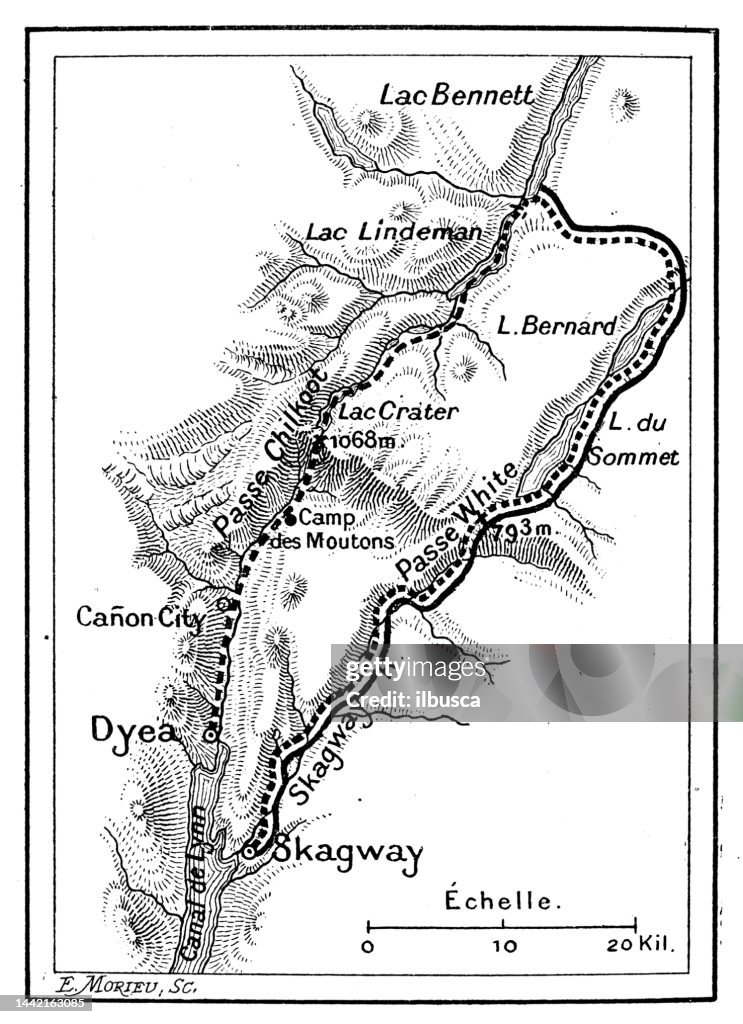 Antique image: Route to Klondike map, White Pass, Chilkoot