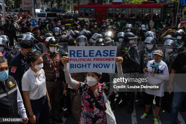 Protester holds a placard next to riot police during a demonstration nearby the site of the Asia-Pacific Economic Cooperation summit on November 17,...