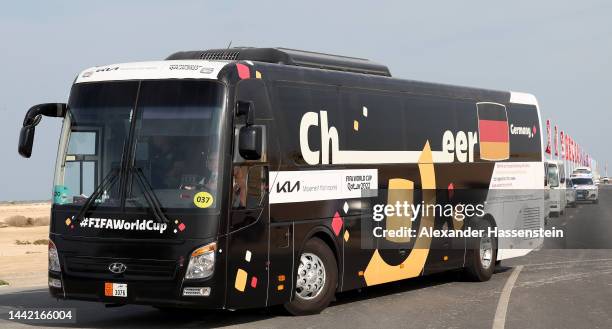 The team bus of Team Germany is seen during the arrival of Team Germany ahead of FIFA World Cup Qatar 2022 at Zulal Luxus Wellness-Resort on November...