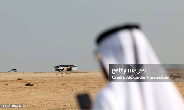 The team bus of Team Germany is seen during the arrival of Team Germany ahead of FIFA World Cup Qatar 2022 at Zulal Luxus Wellness-Resort on November...