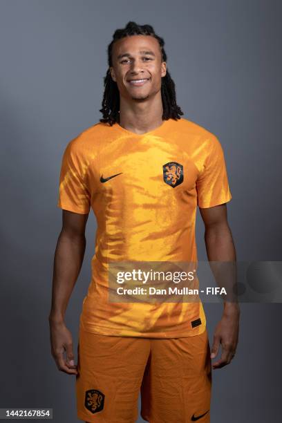 Nathan Ake of Netherlands poses during the official FIFA World Cup Qatar 2022 portrait session at on November 16, 2022 in Doha, Qatar.