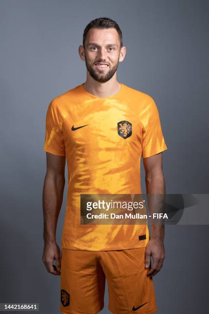 Stefan De Vrij of Netherlands poses during the official FIFA World Cup Qatar 2022 portrait session at on November 16, 2022 in Doha, Qatar.
