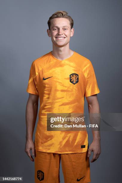 Frenkie de Jong of Netherlands poses during the official FIFA World Cup Qatar 2022 portrait session at on November 16, 2022 in Doha, Qatar.