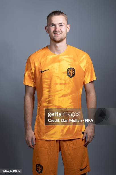 Matthijs de Ligt of Netherlands poses during the official FIFA World Cup Qatar 2022 portrait session at on November 16, 2022 in Doha, Qatar.
