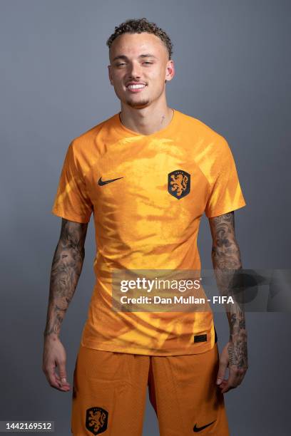 Noa Lang of Netherlands poses during the official FIFA World Cup Qatar 2022 portrait session at on November 16, 2022 in Doha, Qatar.