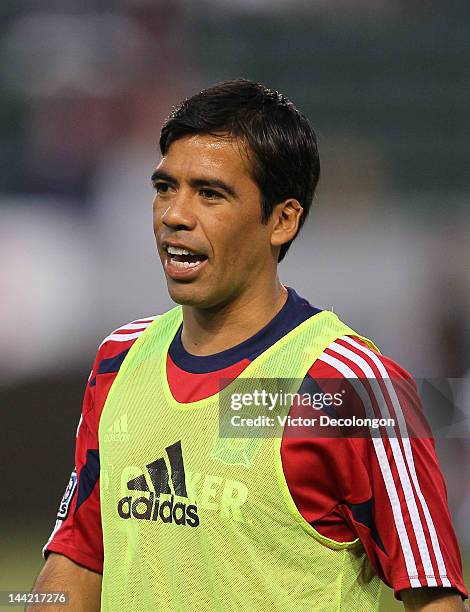 Pavel Pardo of the Chicago Fire looks on during warm-up prior to the MLS match against Chivas USA at The Home Depot Center on May 4, 2012 in Carson,...