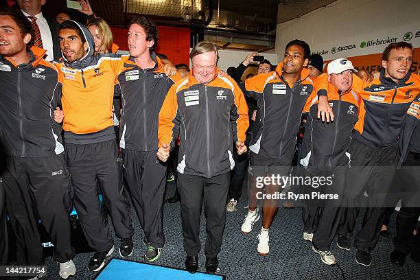 Kevin Sheedy, coach of the Giants dances as he celebrates the Giants first AFL victory after the round seven AFL match between the Greater Western...