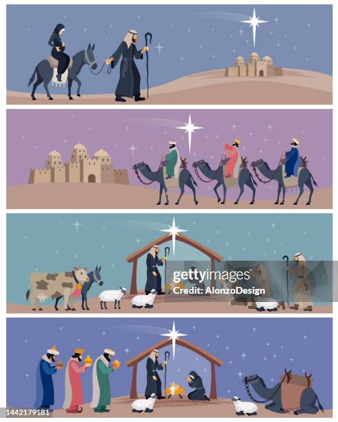 illustrazioni stock, clip art, cartoni animati e icone di tendenza di striscioni del presepe. nascita di gesù. - re magi