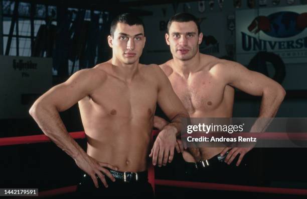 Ukrainian boxer Wladimir Klitschko and his brother, Ukrainian boxer Vitali Klitschko, both shirtless posing by the ropes of a boxing ring, Hamburg,...