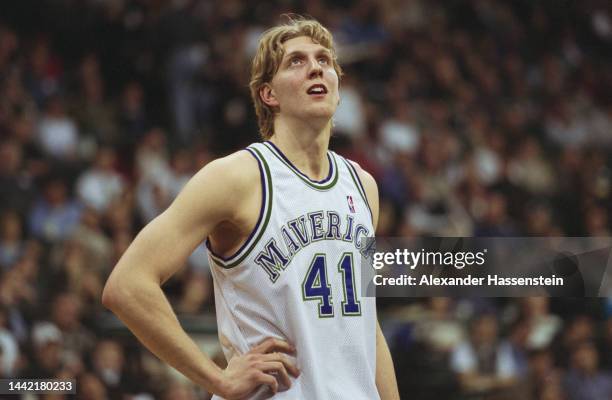 German basketball player Dirk Nowitzki wearing a Dallas Mavericks singlet during the NBA match between the Mavericks and Miami Heat at the Reunion...