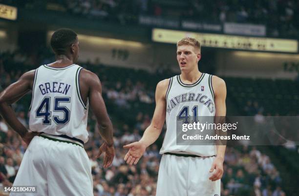 American basketball player AC Green and his Dallas Mavericks teammate, German basketball player Dirk Nowitzki during the NBA match between the...