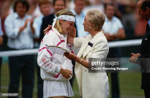 Czech tennis player Jana Novotna is consoled by British Royal Katharine, Duchess of Kent after losing the women's singles final at the 1993 Wimbledon...