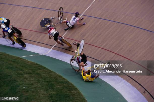 American track cyclist Jeanne Golay, Japanese track cyclist Seiko Hashimoto, Korean track cyclist Kim Yong-Mi, and Norwegian track cyclist May Britt...