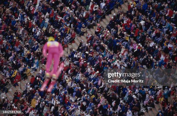 Canadian ski jumper Todd Gillman competing in an ski jump event at the 1988 Winter Olympics, held at the Canada Olympic Park in Calgary, Alberta,...