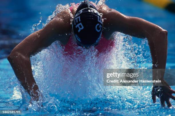 German swimmer Franziska van Almsick competing in the Women's 4x100 Freestyle Relay event at the 1995 FINA World Swimming Championships, held on...