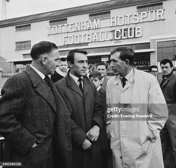 Tottenham Hotspur manager Bill Nicholson , player Jimmy Greaves and captain Danny Blanchflower outside Spurs' stadium in London's White Hart Lane on...