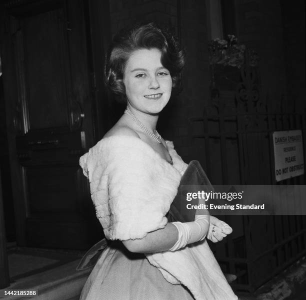 Lady Elizabeth Anson outside the Danish Embassy in London on April 19th, 1961.
